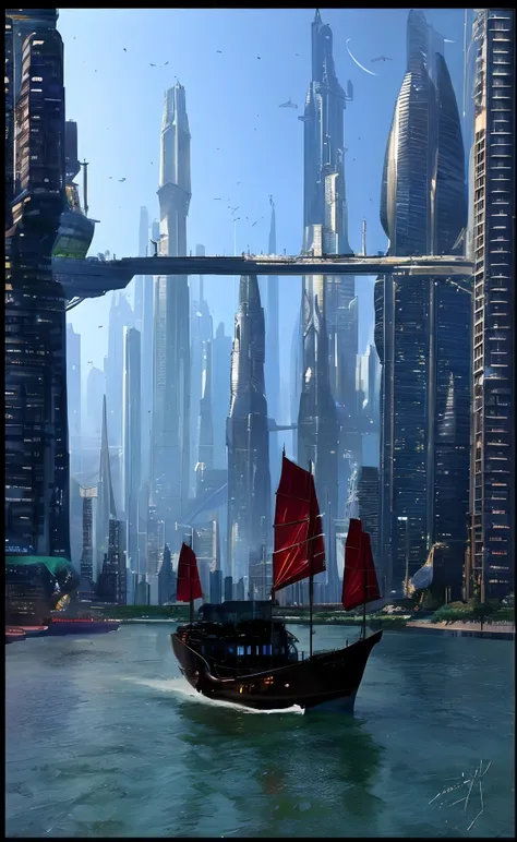 ((a boat:1.2)) sailing in the water near a city, beautiful city of the future, city of the future, otherwordly futuristic city, in fantasy sci - fi city, futuristic city, futuristic dystopian city, in a futuristic city, science fiction city, syd mead and r...