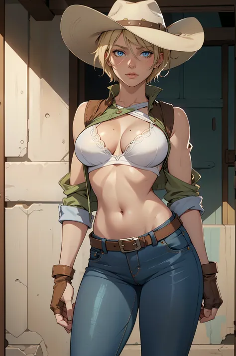 1girl, cowboy hat, white bra, green vest, no sleeve, navel, blue jeans, brown boots, fingerless gloves, short hair, blonde hair, parted bangs, blue eyes, mole under right eye, american old west, best quality, masterpiece