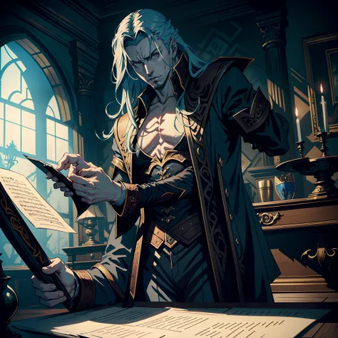 Castlevania Lord of the Shadows hyper realistic super detailed Dynamic shot masterpiece cinematic scene scenes movie Epic Legendary Lord Dracula sitting in his great desk writing his story about the old demon scrolls behind him hyper realistic super detail...