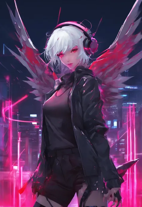 teens girl，White hair，Red glowing eyes, sportrait, photorealestic,（Red and white trench coat），Red scarf，a black pleated skirt，black t-shirts，longer sleeves，（With a hood）Red and white headphones，((Multiple pairs of angel wings))，side-lighting, the wallpaper...