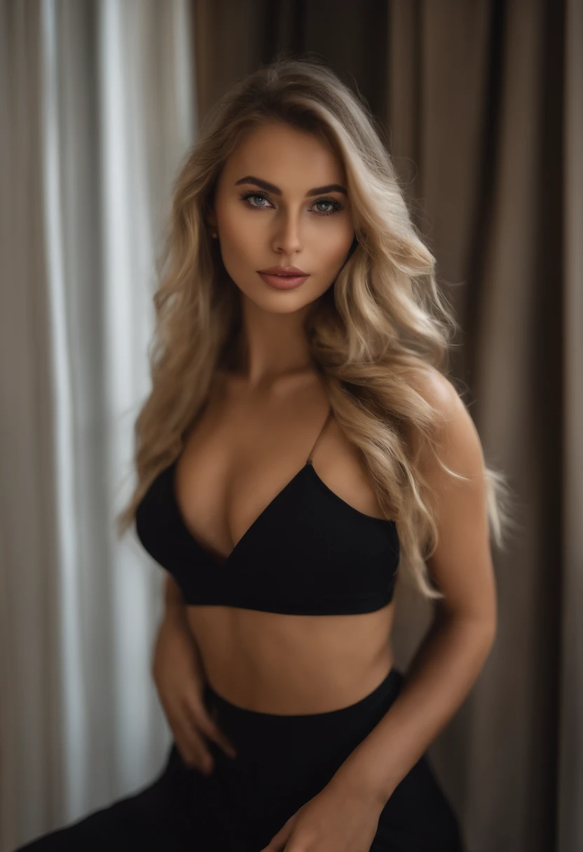 oman with Black dress and panties, fille sexy aux yeux bleus, Portrait Sophie Mudd, Portrait de Corinna Kopf, cheveux blonds et grands yeux, selfie of a young woman, ohne Maquillage, maquillage naturel, Look directly into the camera, Visage avec Artgram, d...