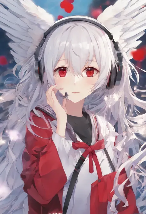 teens girl，White hair，Red glowing eyes, sportrait, photorealestic,（Red and white trench coat），Red scarf，a black pleated skirt，black t-shirts，longer sleeves，（（With a hood））Red and white headphones，((Multiple pairs of angel wings))，side-lighting, the wallpap...