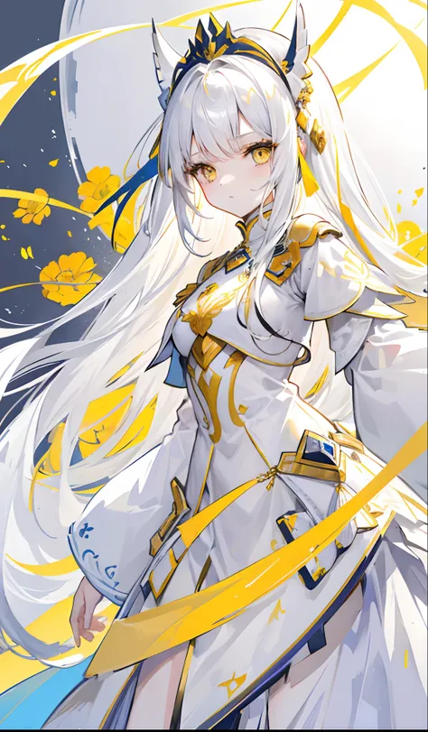 Yellow-white hair covered her long face like a helmet，Make his long face look like a small one，Lovely white clothes，It complements a variety of shades of yellow，There is a delicate makeup，shining face，Exquisite，Brilliant，Golden eyes，Feel like a sweet girl