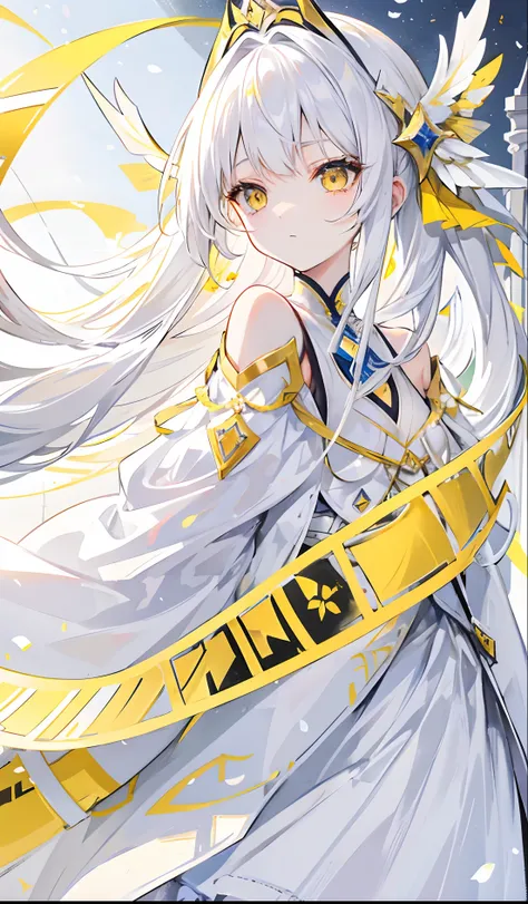 Yellow-white hair covered her long face like a helmet，Make his long face look like a small one，Lovely white clothes，It complements a variety of shades of yellow，There is a delicate makeup，shining face，Exquisite，Brilliant，Golden eyes，Feel like a sweet girl