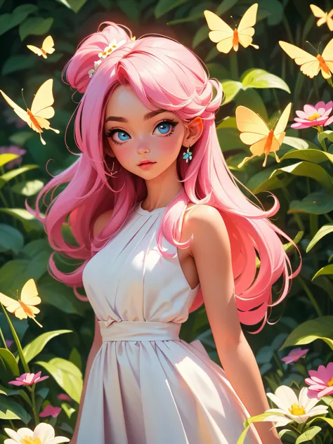 ((a close body portrait of a cute beautiful girl)), ((enjoying her time at the colorful flower garden)), ((she wears a long white dress)), ((long light pink straight hair), (blue eyes) and (1 flower on her right ear)), ((the area is filled with colorful fl...