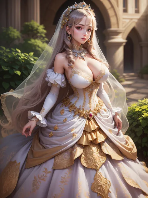 ((anime artstyle)),(Masterpiece),(Best Quality), (Super Detail),((Very Delicate and Beautiful)),cinematic lighting,1 lady,((full body portrait)),((standing in garden)),((solo)),(((1 princess in beautiful embroidery and jeweled extremely gorgeous princess r...