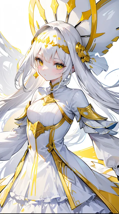 Yellow-white hair covered her long face like a helmet，Make his long face look like a small one，Lovely white clothes，It complements a variety of shades of yellow，There is a delicate makeup，shining face，Exquisite，Brilliant，Golden eyes，Feel like a sweet girl