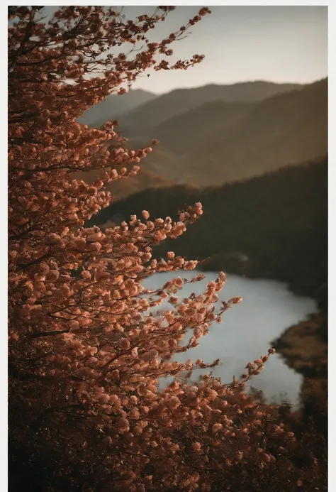 Laurel branches，Shot at a 15-degree elevation angle for medium and close ranges，petals，Osmanthus flowers flying，Top daylight，Refreshing style，Snowy mountains in the distance，Ultra-clear image quality