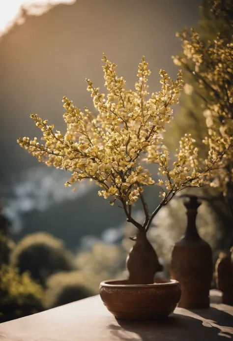 Laurel branches，Shot at a 15-degree elevation angle for medium and close ranges，petals，Osmanthus flowers flying，Top daylight，Refreshing style，Snowy mountains in the distance，Ultra-clear image quality