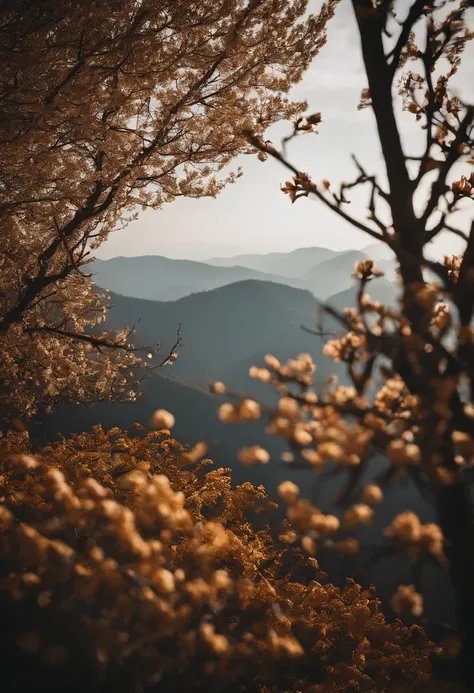 Laurel branches，Shot at a 15-degree elevation angle for medium and close ranges，petals，Osmanthus flowers flying，Top daylight，Refreshing style，Snowy mountains in the distance，Ultra-clear image quality