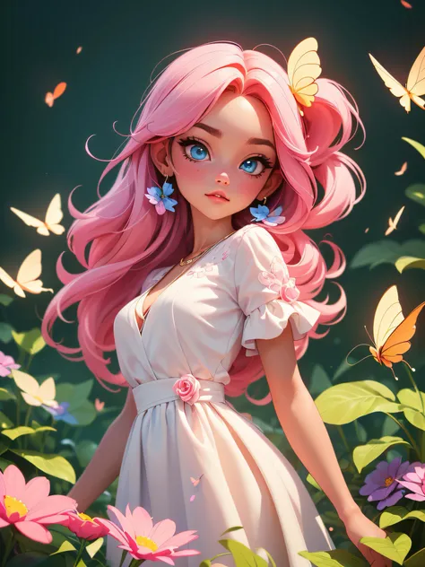 ((a close body portrait of a cute beautiful girl)), ((enjoying her time at the colorful flower garden)), ((she wears a long white dress)), ((long light pink straight hair), (blue eyes) and (1 flower on her right ear)), ((the area is filled with colorful fl...