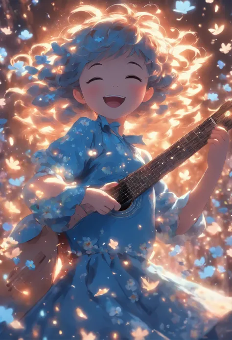 5 years old girl, wears with a blue dress, Sing with a guitar, little blue blossoms are falling all over the sky,