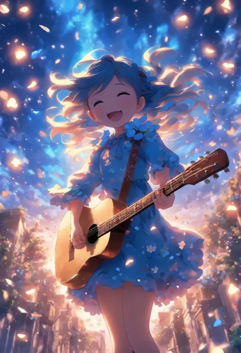 5 years old girl, wears with a blue dress, Sing with a guitar, little blue blossoms are falling all over the sky,