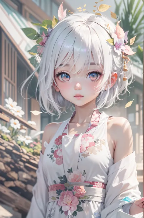 White hair、fair-skinned Japanese、youth、Dress like a Chinese emperor、Tank tops、Iridescent eyes、Illustration style、Anime style、、vertical stripes　imagem 4k　超A high resolution、Overall view、Solo Photography、