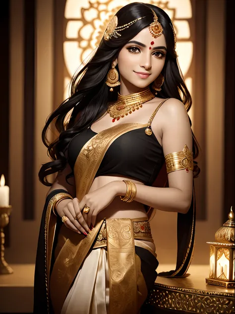 (black and white),portrait,woman with a gentle smile,beautiful detailed eyes,long flowing hair,elaborate traditional Indian jewelry,red and gold saree,golden bangles,henna on hands,lotus flower,soft and warm lighting,subtle color tones