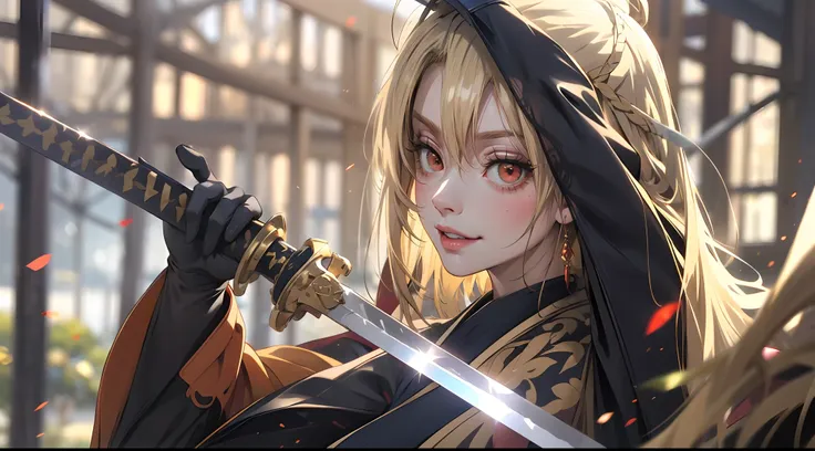 angelicav4, (blonde hair:1.8), sword, 1girl, solo, katana, holding, holding_sword, blurry, japanese_clothes, upper_body, gloves,...