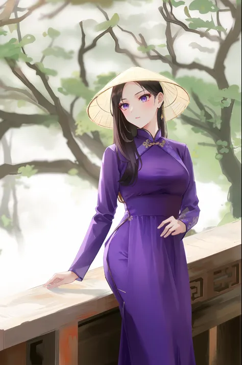 a woman in a purple dress and a hat posing for a picture, ao dai, vietnamese woman, in style of lam manh, mai anh tran, asian woman, beautiful asian girl, asian women, purple dress, asian girl, traditional beauty, lovely woman, beautiful asian woman, an as...