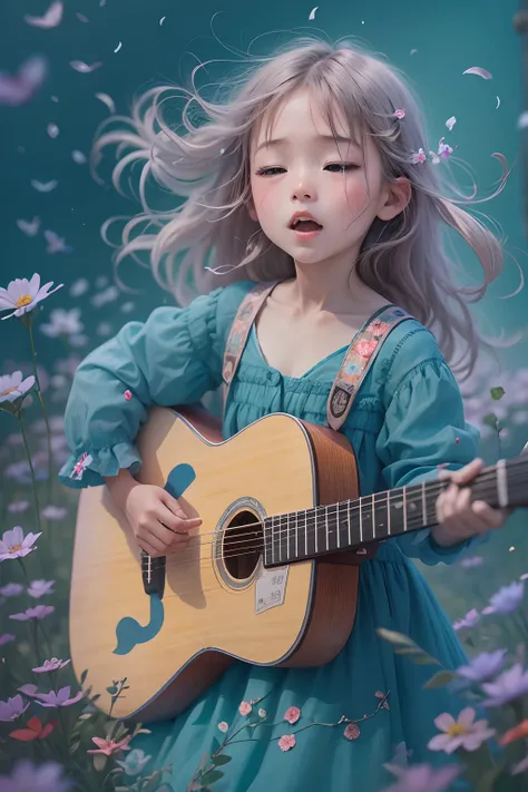 5 years old girl, wears with a blue dress, Sing with a guitar, little blue blossoms are falling all over the sky,