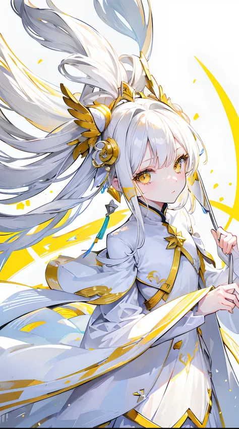 Yellow-white hair covered her long face like a helmet，Make his long face look like a small one，Lovely white clothes，It complements a variety of shades of yellow，There is a delicate makeup，shining face，Exquisite，Brilliant，Golden eyes，Feel like a sweet girl