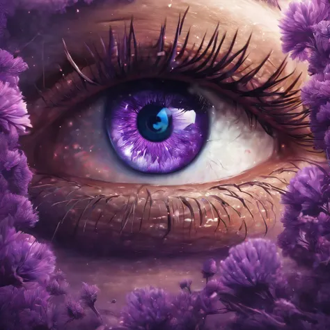 (purple color wonderful eye pupil), eye in the middle of a cloud of purple flower glitter, Volcano erupting with eye on top, tons de azul, arte digital inspirada em Cyril Rolando, surrealismo, Portrait of a giant eye in the smoke of a volcano, mystic eye, ...