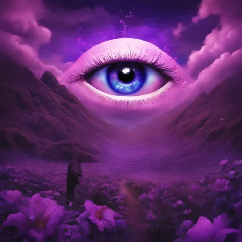 (purple color wonderful eye pupil), eye in the middle of a cloud of purple flower glitter, Volcano erupting with eye on top, tons de azul, arte digital inspirada em Cyril Rolando, surrealismo, Portrait of a giant eye in the smoke of a volcano, mystic eye, ...