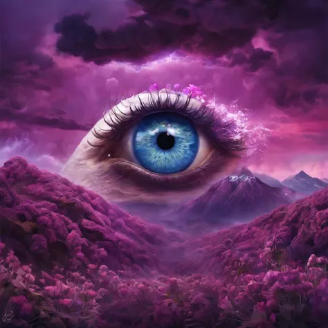 (purple color wonderful eye pupil), eye in the middle of a cloud of purple flower glitter, Volcano erupting with eye on top, tons de azul, arte digital inspirada em Cyril Rolando, surrealismo, Portrait of a giant eye in the smoke of a volcano, mystic eye, ...