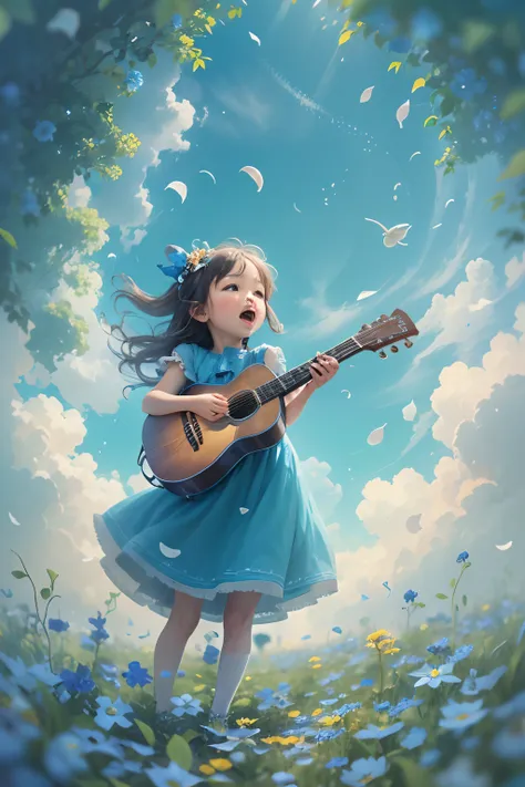 5 years old girl, wears with a blue dress, Sing with a guitar, little blue blossoms are falling all over the sky,