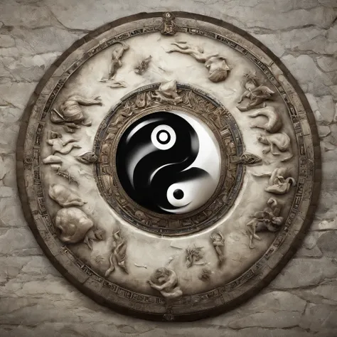 yin yang concept, time travelling transaction stone age era to modern era.