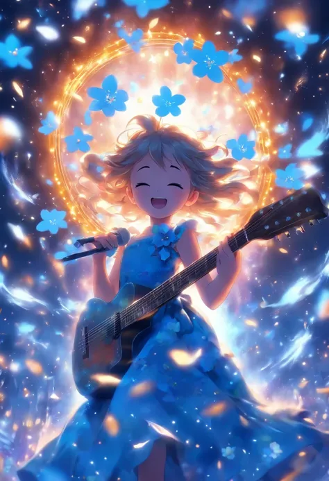 5 years old girl, wears with a blue dress, Sing with a guitar, little blue blossoms are falling all over the sky,