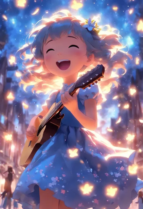 5 years old girl, wears with a blue dress, Sing with a guitar, little blue blossoms are falling all over the sky,