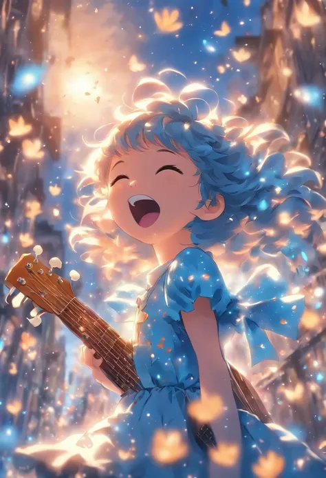 5 years old girl, wears with a blue dress, Sing with a guitar, little blue blossoms are falling all over the sky,