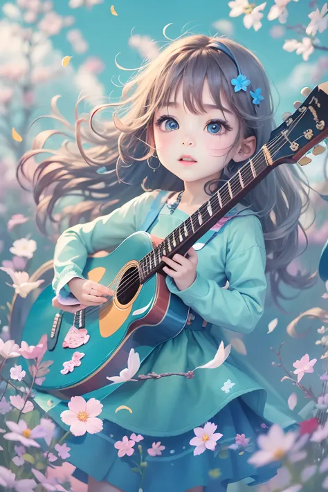 5 years old girl, wears with a blue dress, Sing with a guitar, little blue blossoms are falling all over the sky,