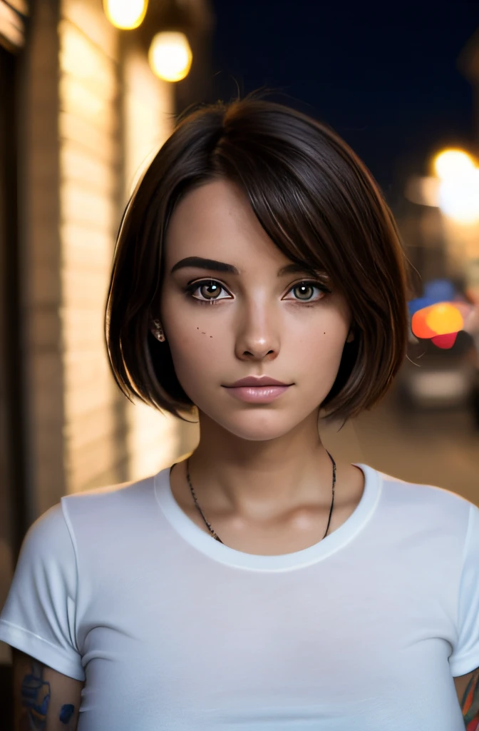 photographie d'une fille jolie, realstic, brune, yeux bleus, 21ans, porte une coupe a l'iroquoise, porte un tee shirt blanc et u...