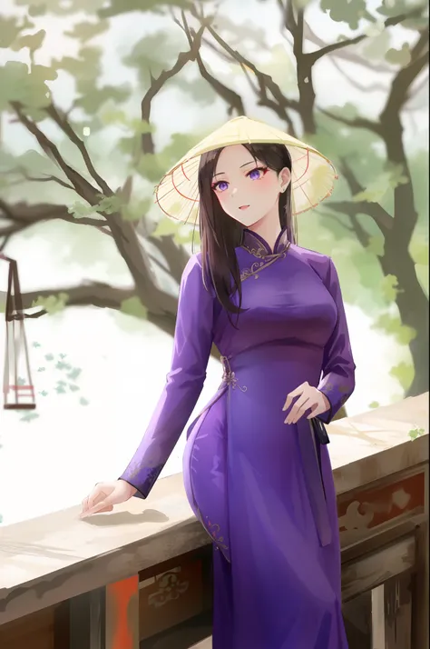 a woman in a purple dress and a hat posing for a picture, ao dai, vietnamese woman, in style of lam manh, mai anh tran, asian woman, beautiful asian girl, asian women, purple dress, asian girl, traditional beauty, lovely woman, beautiful asian woman, an as...