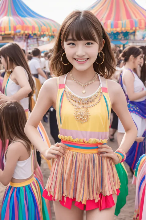 top-quality、​masterpiece、超A high resolution、Photorealsitic、1girll、short bomb bangs、（Dance performer、Dancers）、（Character Parade）、(((Multicolored costumes)))、Amusement Park Background、a necklace、The best smile with white teeth、Looks fun、（colorful outfit）、Tan...