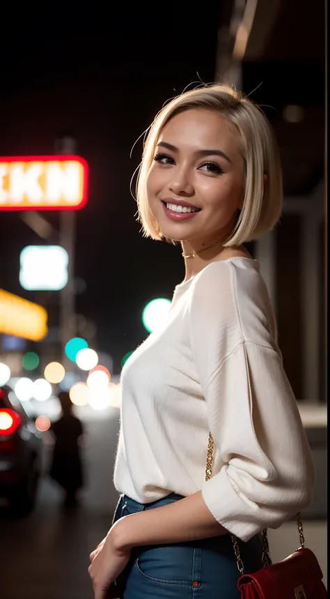 Malay girl, very short white hair, bob cut hair, wear Artsy style outfit, laughing and posing with hand on head, touching her own head, wear handbag, from back view, windy, detail skin, age spot, detail skin texture, mole below eyes, small breast, flat che...