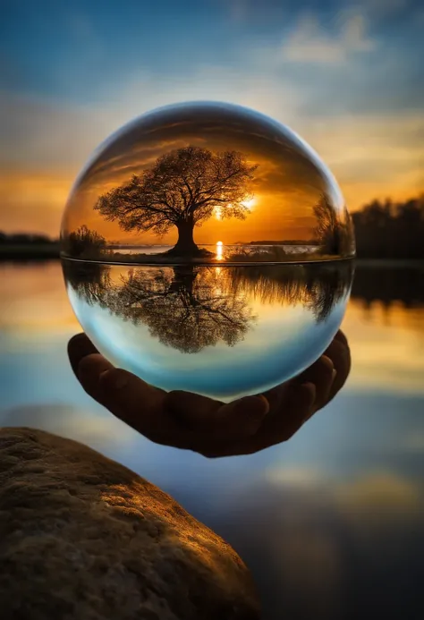 Tree of life in a glass orb hovering over a lake.