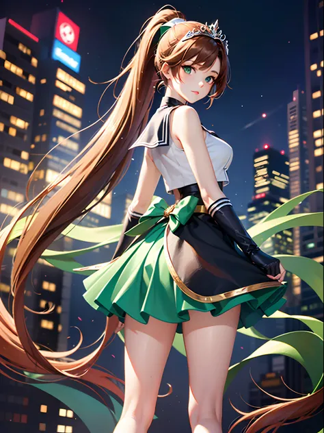 Hi-Res, Jupiter 1, 1 Girl, Solo,kina Nakamori,Sailor Senshi Uniform, Sailor Jupiter, Makoto Kino,Long legs:1.2,(a very tall girl),smooth legs,smooth thighs,Slender:1.2,beautiful legs:1.3,Thin legs,Thin thighs:1.2, Reddish-brown hair, Magical Girl, Green Ey...