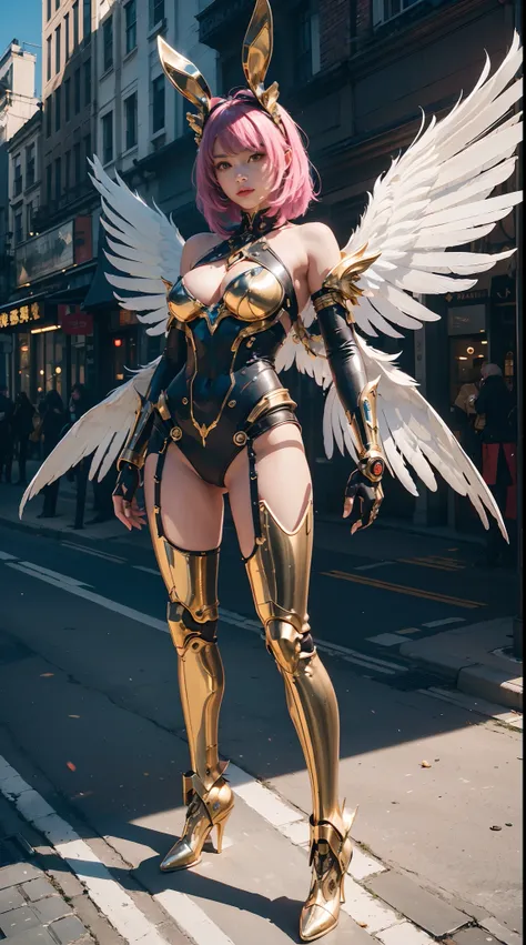 wide wide shot，(Best quality,Masterpiece:1.2),(cyborg people), Rabbit ears，Colored hair，(She has a pair of huge feathered wings behind her shoulders),gold,perfectly proportions,(Metal mechanical bodies and limbs),(Footwear),Slim,Shiny metal。(Facing the len...