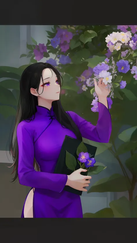 arafed woman in a purple dress holding a book and flowers, ao dai, with flowers, dressed in purple, vietnamese woman, in style of lam manh, with beautiful colors, purple top, lovely woman, purple outfit, purple color, an asian woman, purple dress, mai anh ...