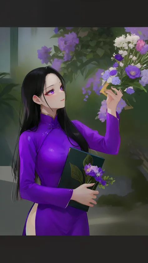 arafed woman in a purple dress holding a book and flowers, ao dai, with flowers, dressed in purple, vietnamese woman, in style of lam manh, with beautiful colors, purple top, lovely woman, purple outfit, purple color, an asian woman, purple dress, mai anh ...