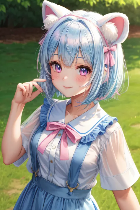 masutepiece, Best Quality, ultra-detailliert, hight resolution, extremely details CG, Face Focus, 1girl in, early teen, (Pale blue hair and pink eyes), White sheer shirt, Simple shirt without ribbon, bulging short sleeves, Dark blue shorts, Fluffy animal e...