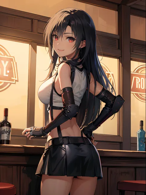 highres,best quality, official art, masterpiece, textile shading,8K,absurdres
,bar counter,tifa lockhart, red_eyes, smile, cowboy shot ,black hair, long hair, looking back,black mini skirt, Tifa FF7