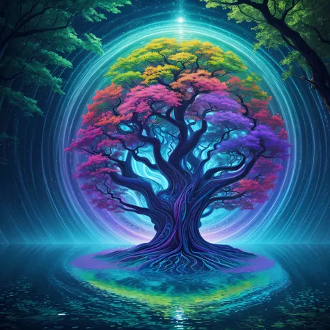 a painting of a tree in the middle of a body of water, a digital painting by Alex Grey, shutterstock contest winner, psychedelic art, psychedelic, fractalism, mystical