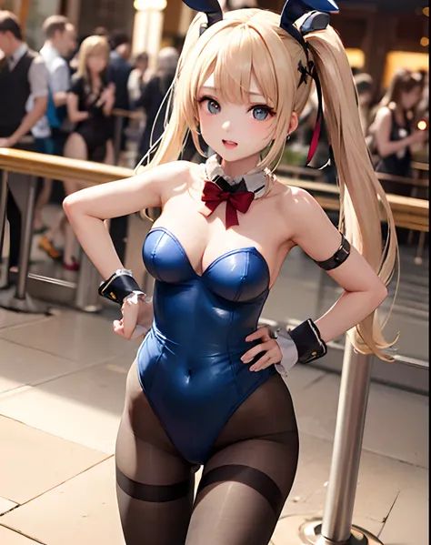 ​masterpiece、hiquality、1girl in、独奏、Marie Rose、cowboy  shot、embarassed expression、(Outside the casino)、((bunnygirl))、((Leotard))、((pantyhose))、Put one hand on your hip、(White cuffs)、natta、(Bare chest from the neck)