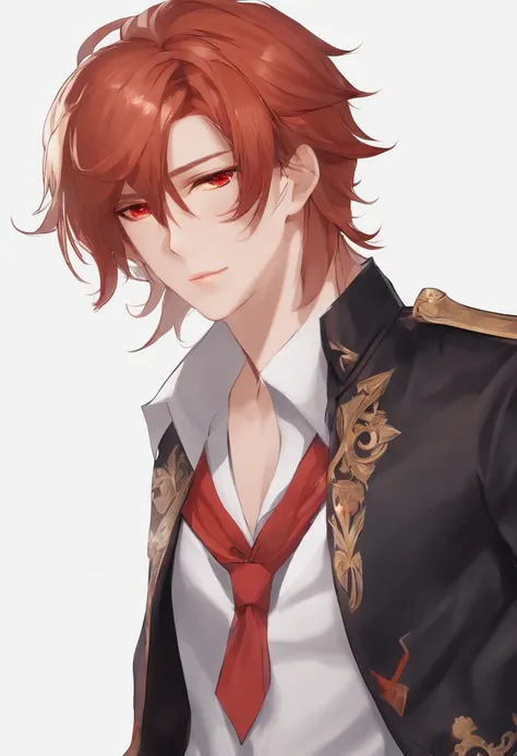 masterpiece, best quality, diluc (genshin impact), 1boy, male focus, red hair, red eyes, long hair, solo, simple background, white background, hair between eyes, bangs, closed mouth, ponytail, sparkle, looking at viewer, antenna hair, cropped shoulders, sh...