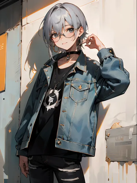 (Male child, eye glasses,A smile, silber hair),(((​masterpiece)))、(((top-quality)))、((ultra-definition))、(High Definition CG Illustration)、((extremely delicate and beautiful)),(​masterpiece:1.2、top-quality), 独奏, The upper part of the body, The hair:buzzcut...