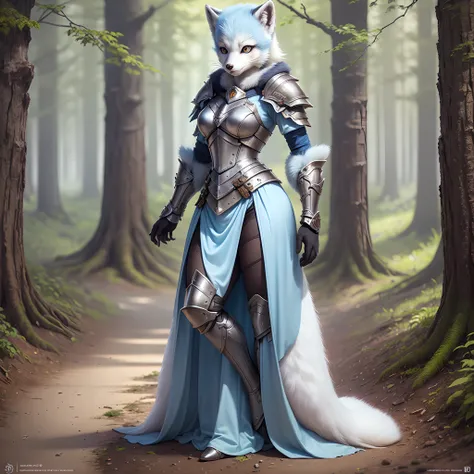 (((solo exhibition))), fox head, anthropomorphic fox, white and blue armor, Renaissance plate armor, heavily decorated costumes, (full body) Take photos of the most beautiful artwork in detail, Intricate details, high detail, ultra-realistic, hidden armor,...