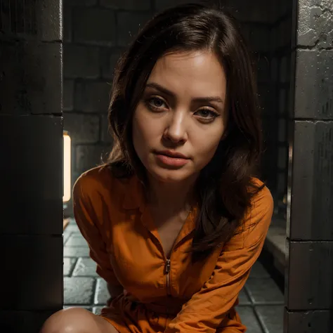 Angelina jolie wearing an ((orange jumpsuit)), (((sitting in a prison cell))), iron bars, sharp focus, ((wide angle 35mm)), (atmospheric lighting), night sky, moonlight coming through window, volumetric lighting, specular lighting, moon beams, raytracing, ...