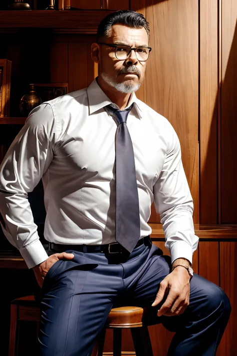 guttoepic2, high-quality, detailed, complexly composed photograph of a handsome, masculine man in a suit, sitting on a wooden stool. The man is wearing a dress shirt and dress pants, and he has a seductive gaze. The lighting is chiaroscuro, with the mans f...